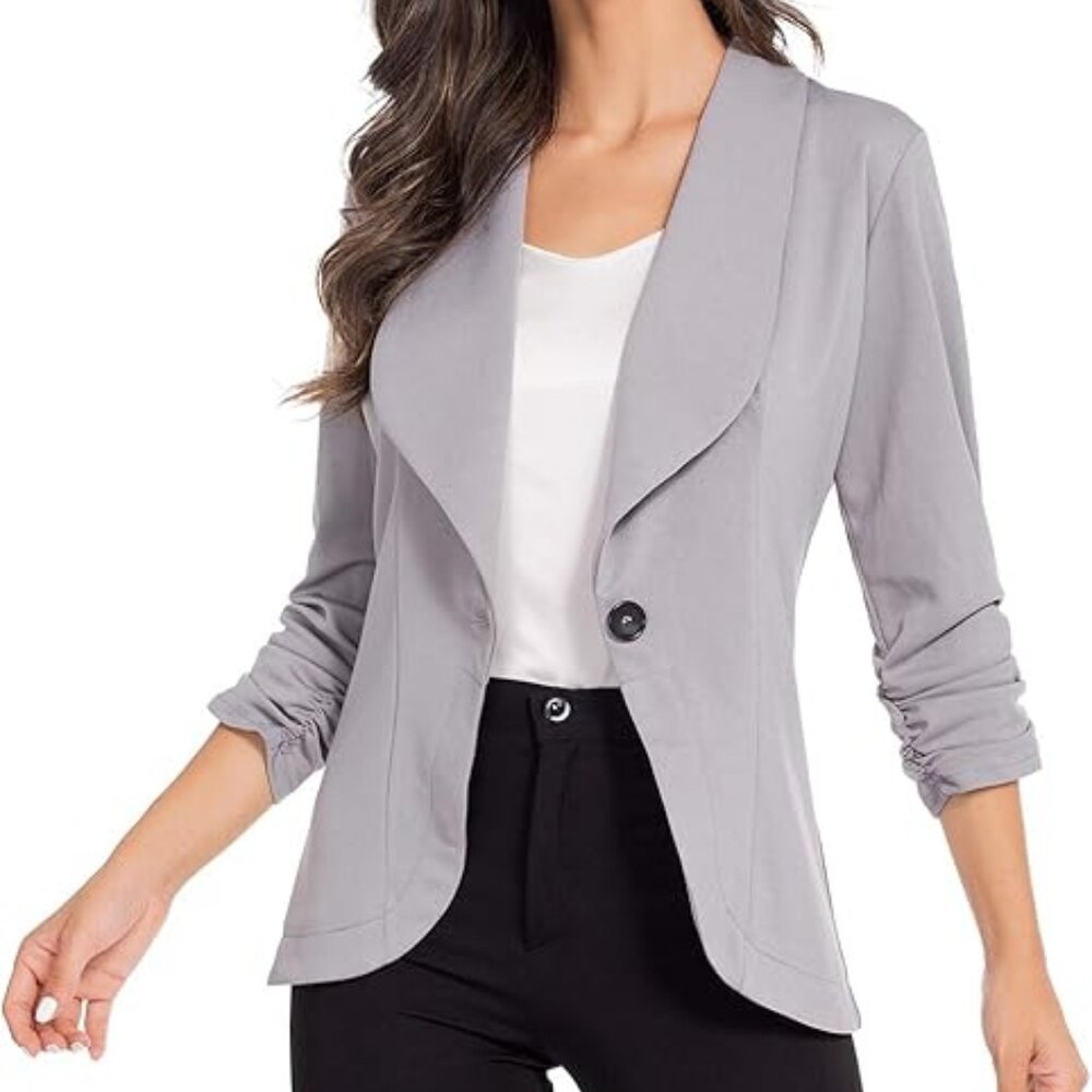 Women's Light Gray Single-Button Shawl Collar Blazer